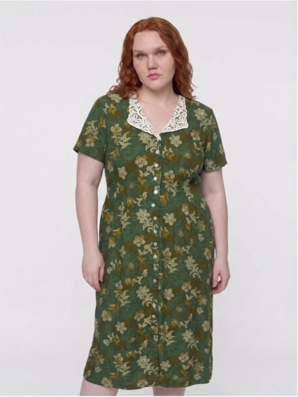 80s Betsy’s Things Green Floral Button-Front Midi Dress with Lace Collar